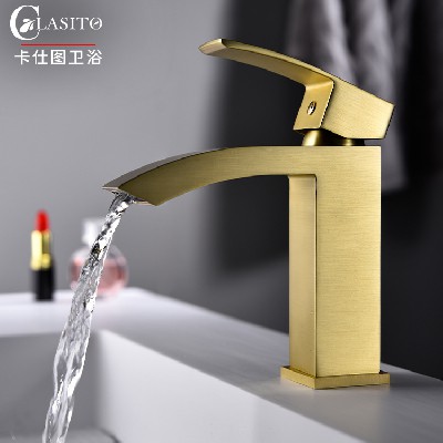 North American cross-border copper hot and cold washbasin faucet, single hole brushed gold simple European style light luxury washbasin, under table basin faucet